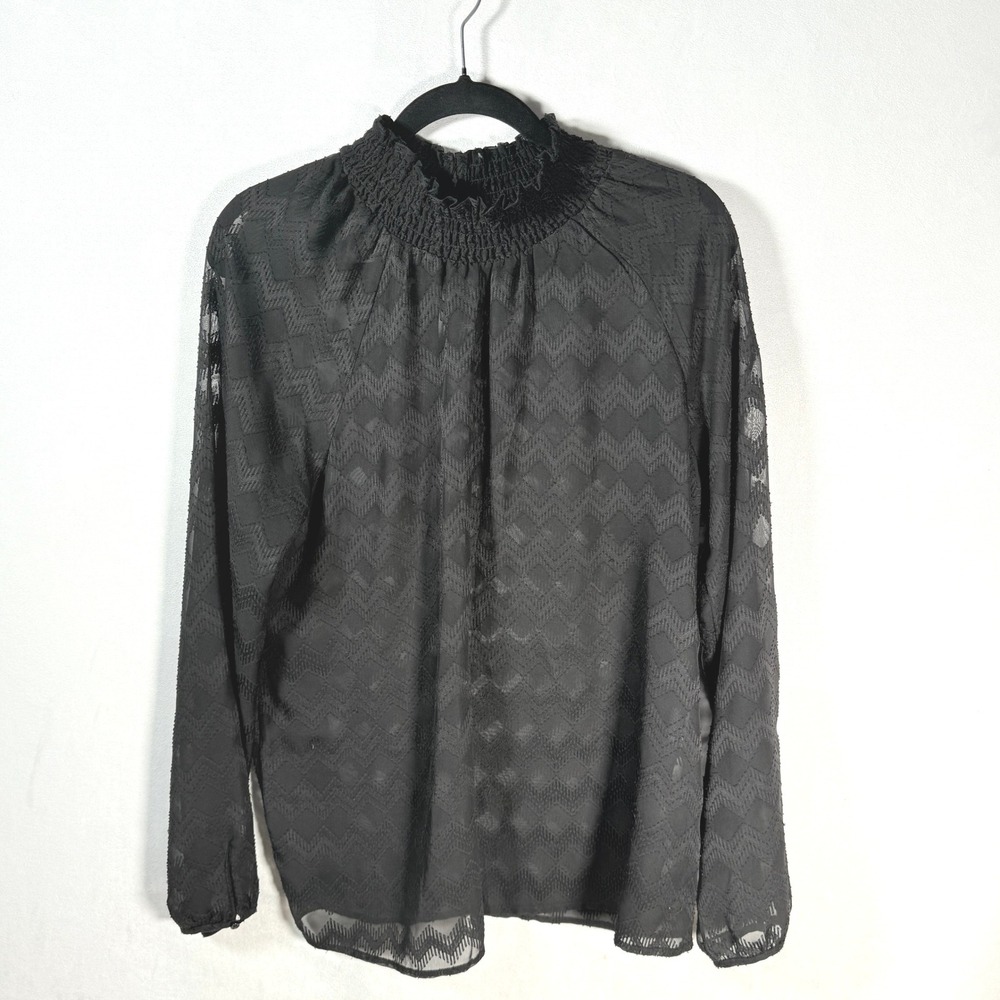mossimo Black Sheer Mock Neck Zig Zag Pattern Large Long Sleeve Top whimsigoth
